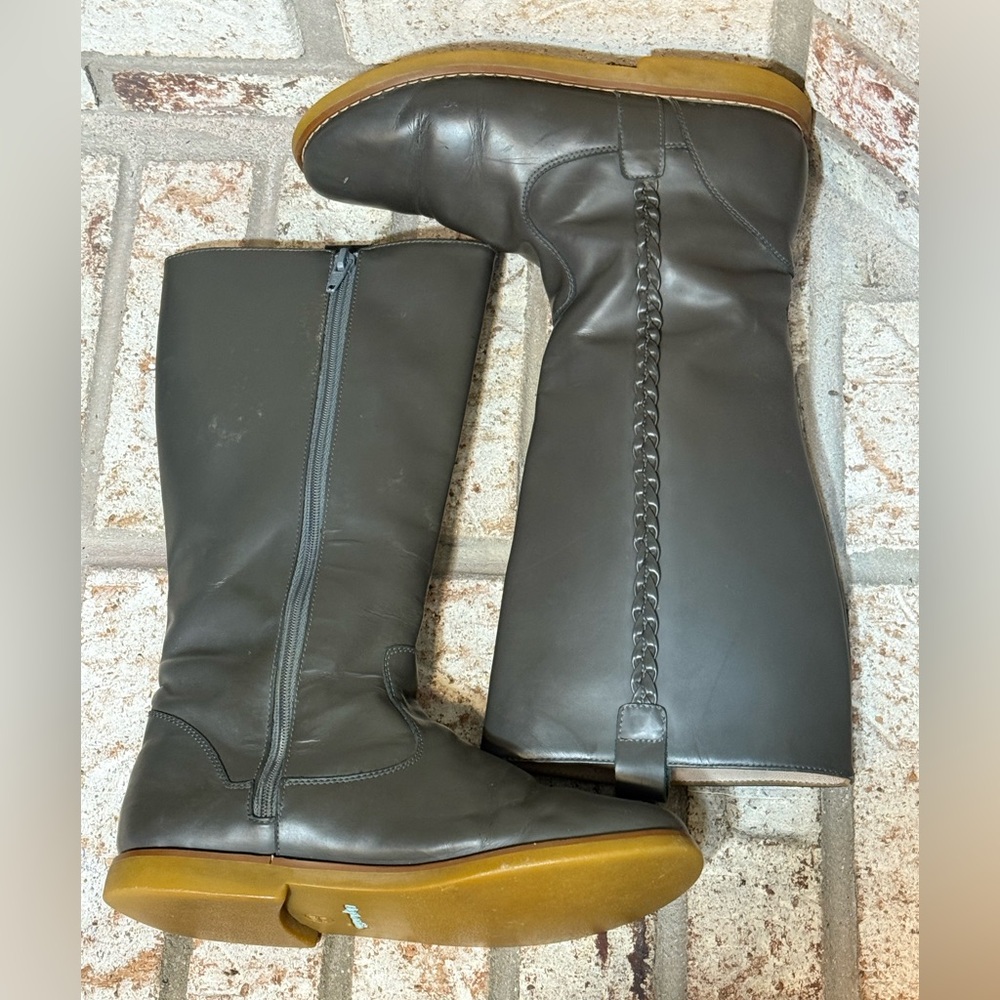 Elephantito Leather Braid Detail Tall Riding Boots Size 4 Grey Green EUC - Picture 6 of 8